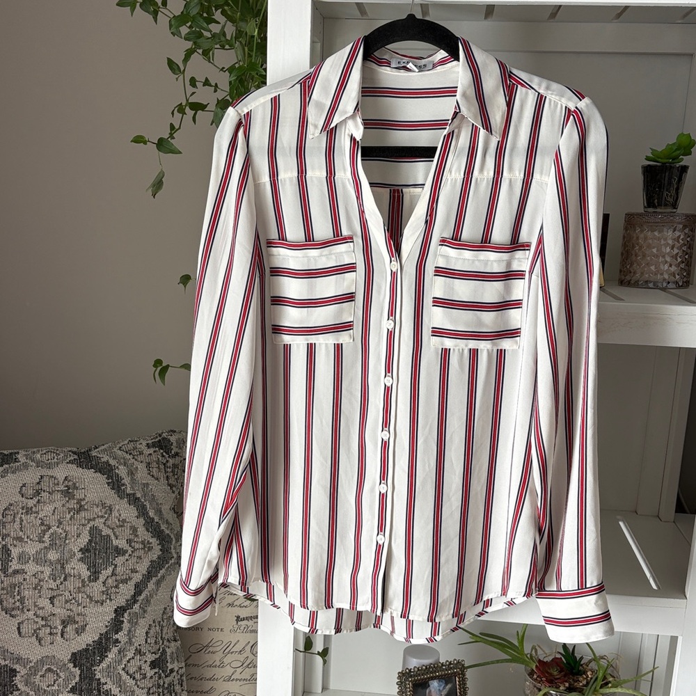 Express Red and White Striped Button-Down Shirt